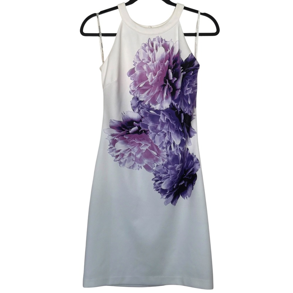 Guess Los Angeles Floral Halter Sheath Dress Purple Peony Y2K Bodycon Formal